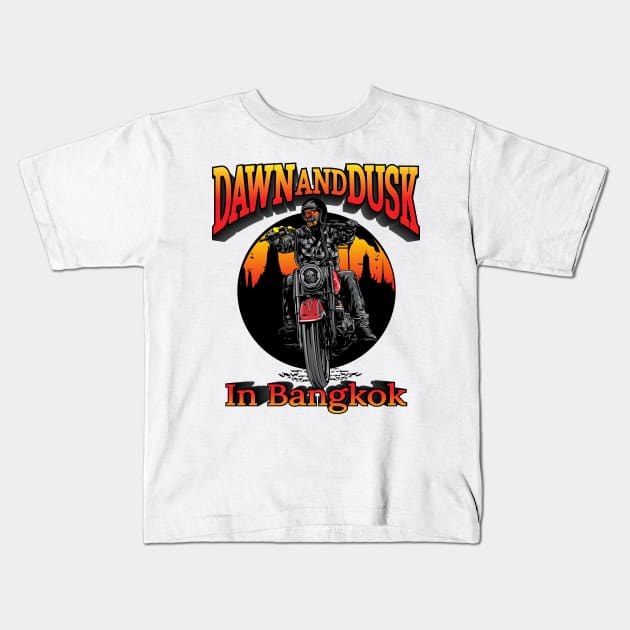 Dawn and Dusk in Bangkok,Thailand,yaksha biker illustration Kids T-Shirt by Lekrock Shop